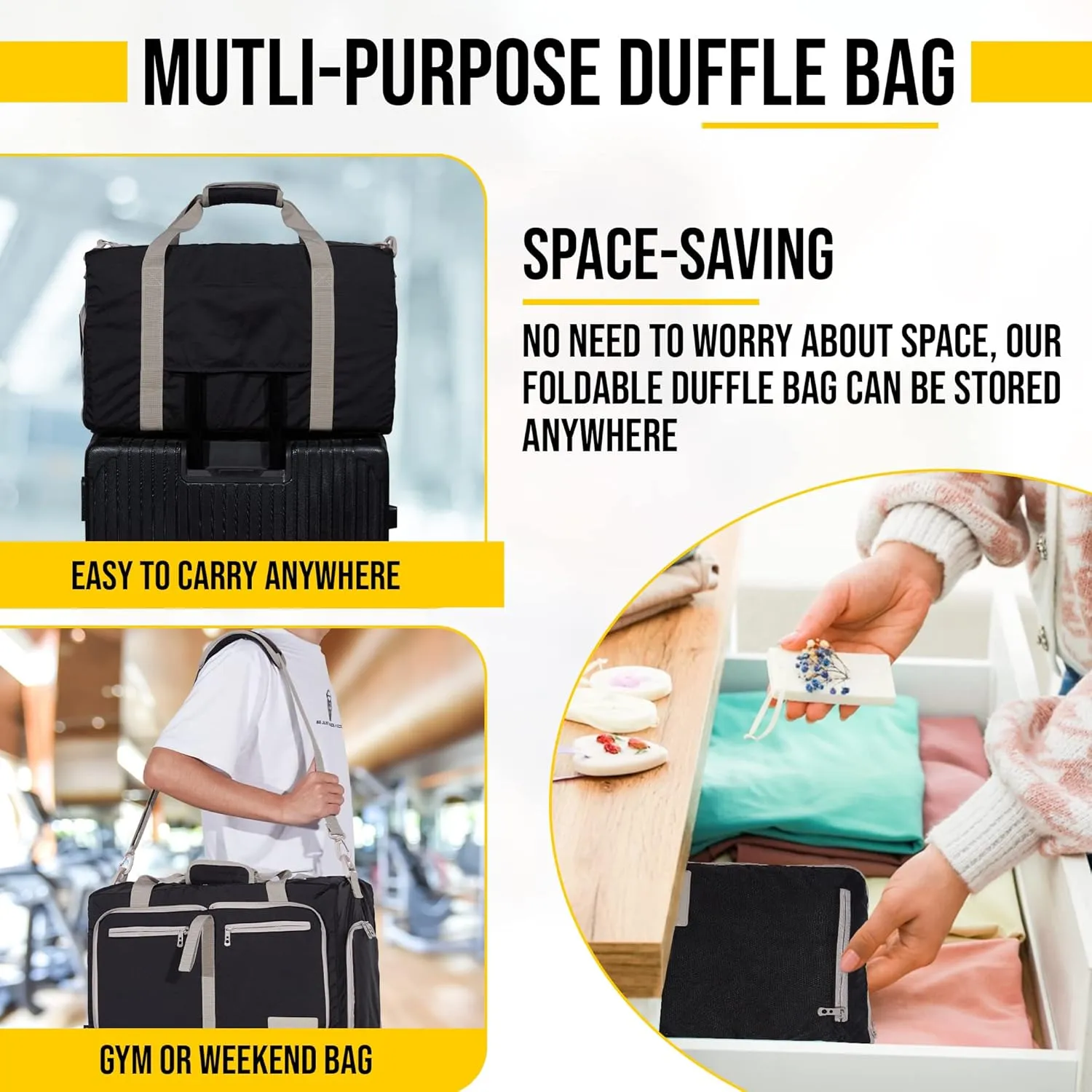 LEGEND 40L Foldable Duffle Bag for Travel - Packable Duffle Bags w/Shoe Compartment - Tear Resistant Collapsible Duffel Bags for Traveling - Lightweight Folding Duffel Bag for Men & Women -Black