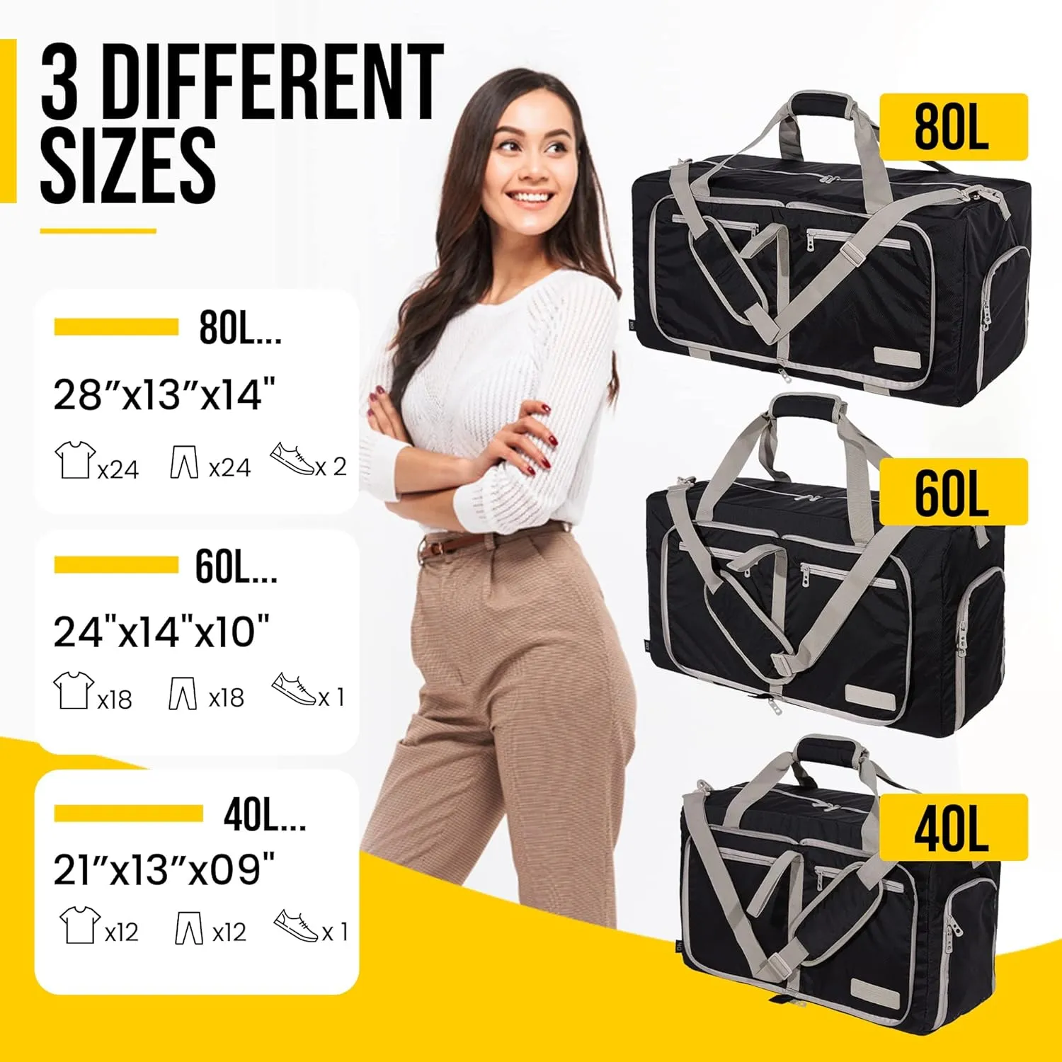 LEGEND 40L Foldable Duffle Bag for Travel - Packable Duffle Bags w/Shoe Compartment - Tear Resistant Collapsible Duffel Bags for Traveling - Lightweight Folding Duffel Bag for Men & Women -Black