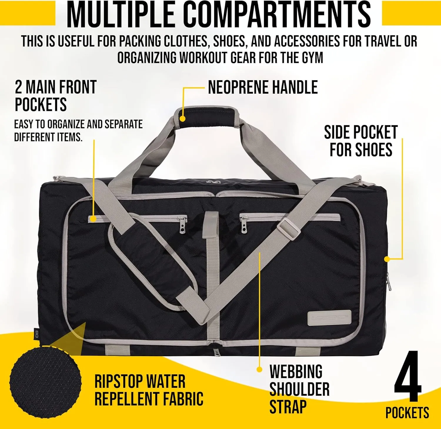 LEGEND 40L Foldable Duffle Bag for Travel - Packable Duffle Bags w/Shoe Compartment - Tear Resistant Collapsible Duffel Bags for Traveling - Lightweight Folding Duffel Bag for Men & Women -Black