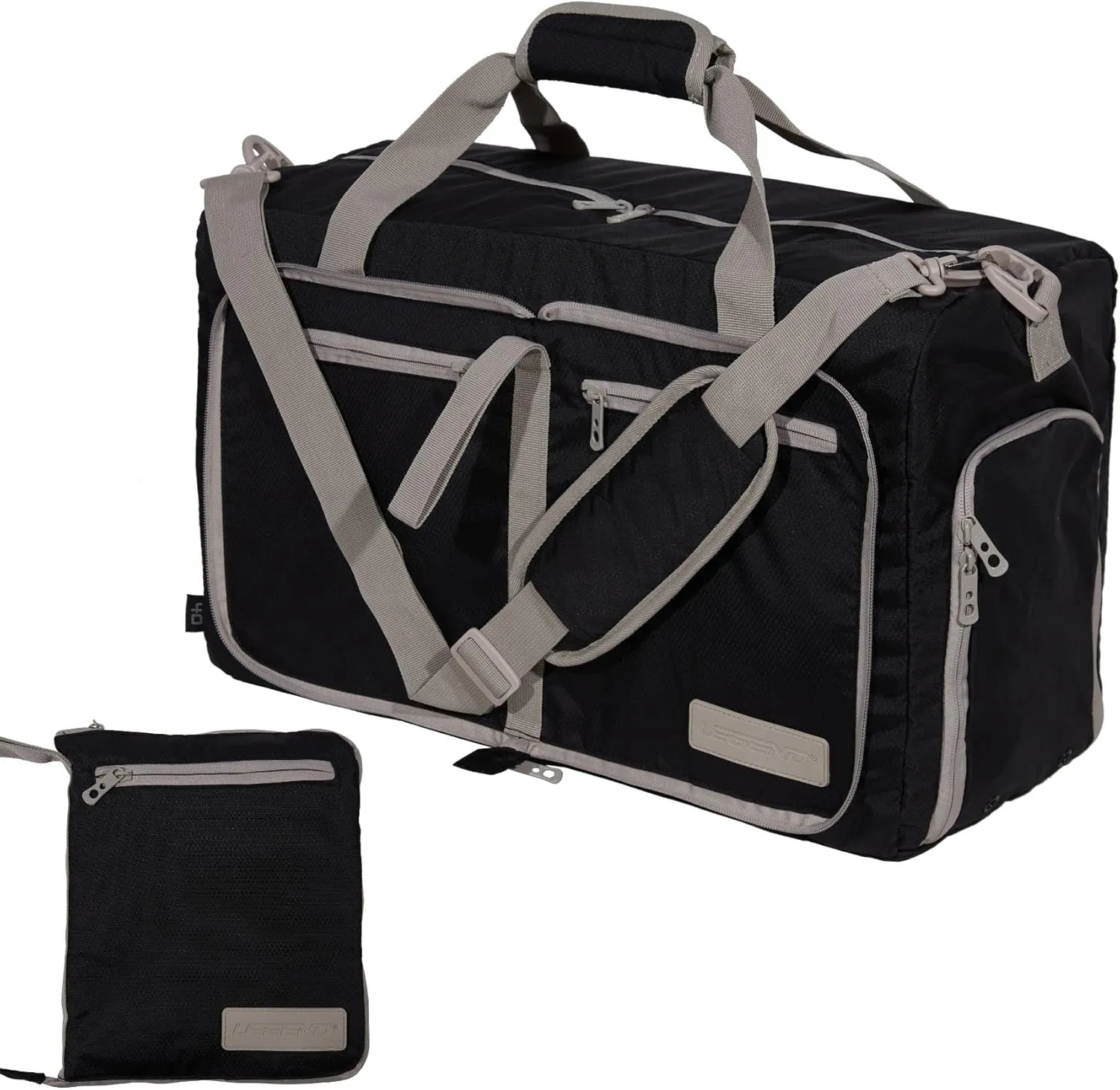 LEGEND 40L Foldable Duffle Bag for Travel - Packable Duffle Bags w/Shoe Compartment - Tear Resistant Collapsible Duffel Bags for Traveling - Lightweight Folding Duffel Bag for Men & Women -Black