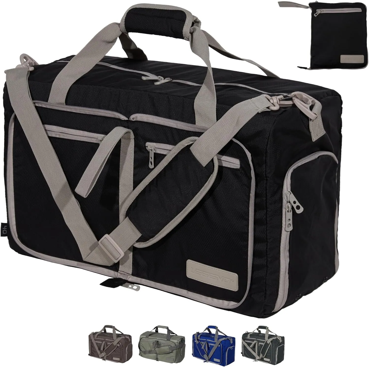 LEGEND 40L Foldable Duffle Bag for Travel - Packable Duffle Bags w/Shoe Compartment - Tear Resistant Collapsible Duffel Bags for Traveling - Lightweight Folding Duffel Bag for Men & Women -Black