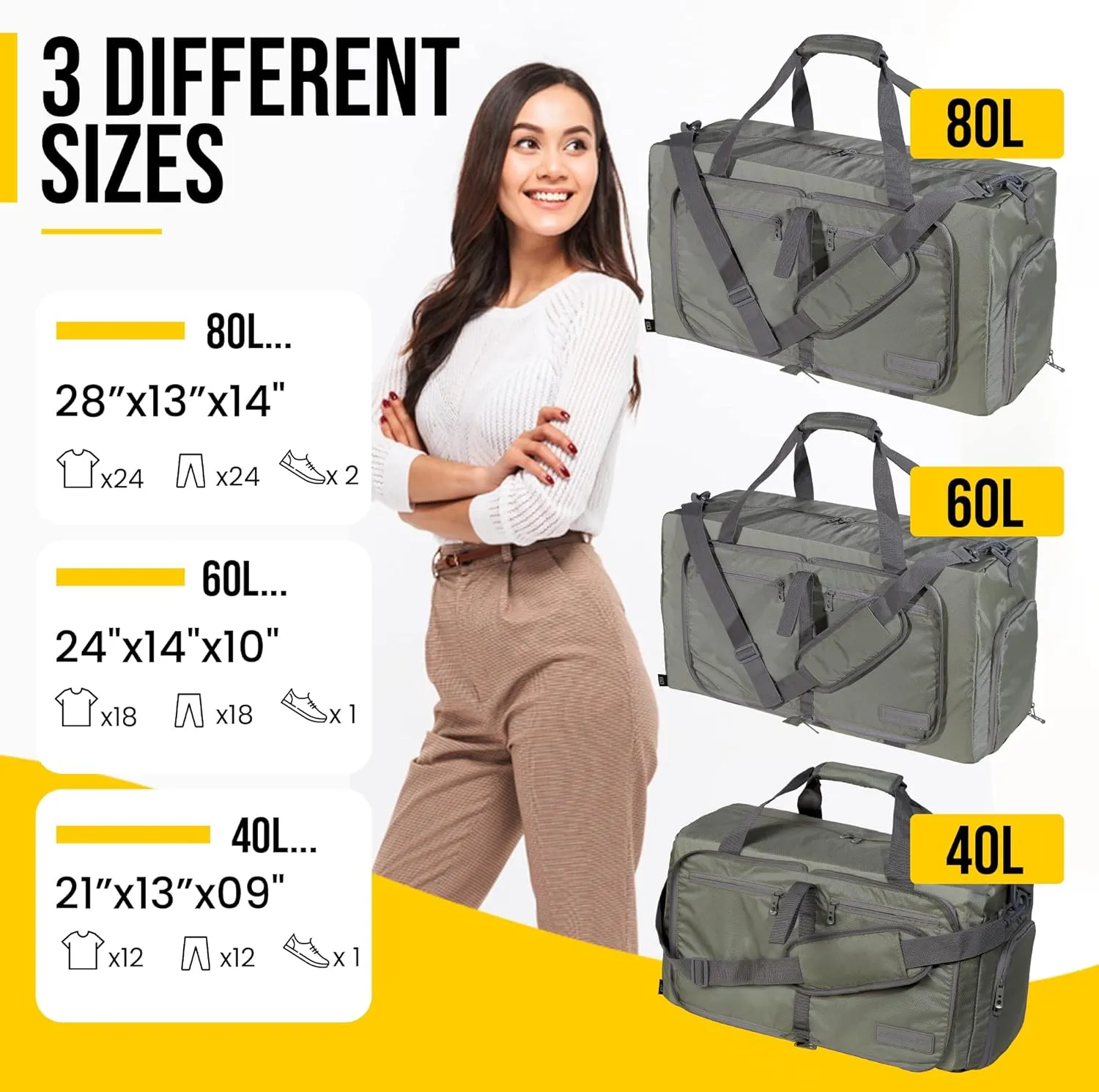 LEGEND 60L Foldable Duffle Bag for Travel - Packable Duffle Bags w/Shoe Compartment - Tear Resistant Collapsible Duffel Bags for Traveling - Lightweight Folding Duffel Bag for Men & Women -Army Green