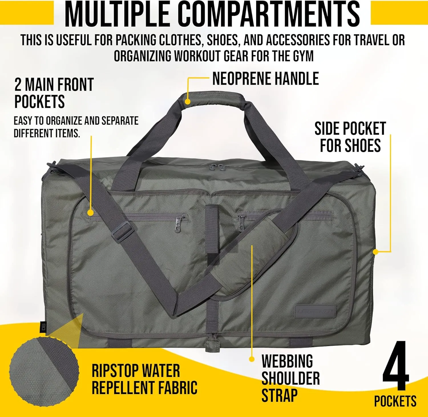 LEGEND 60L Foldable Duffle Bag for Travel - Packable Duffle Bags w/Shoe Compartment - Tear Resistant Collapsible Duffel Bags for Traveling - Lightweight Folding Duffel Bag for Men & Women -Army Green