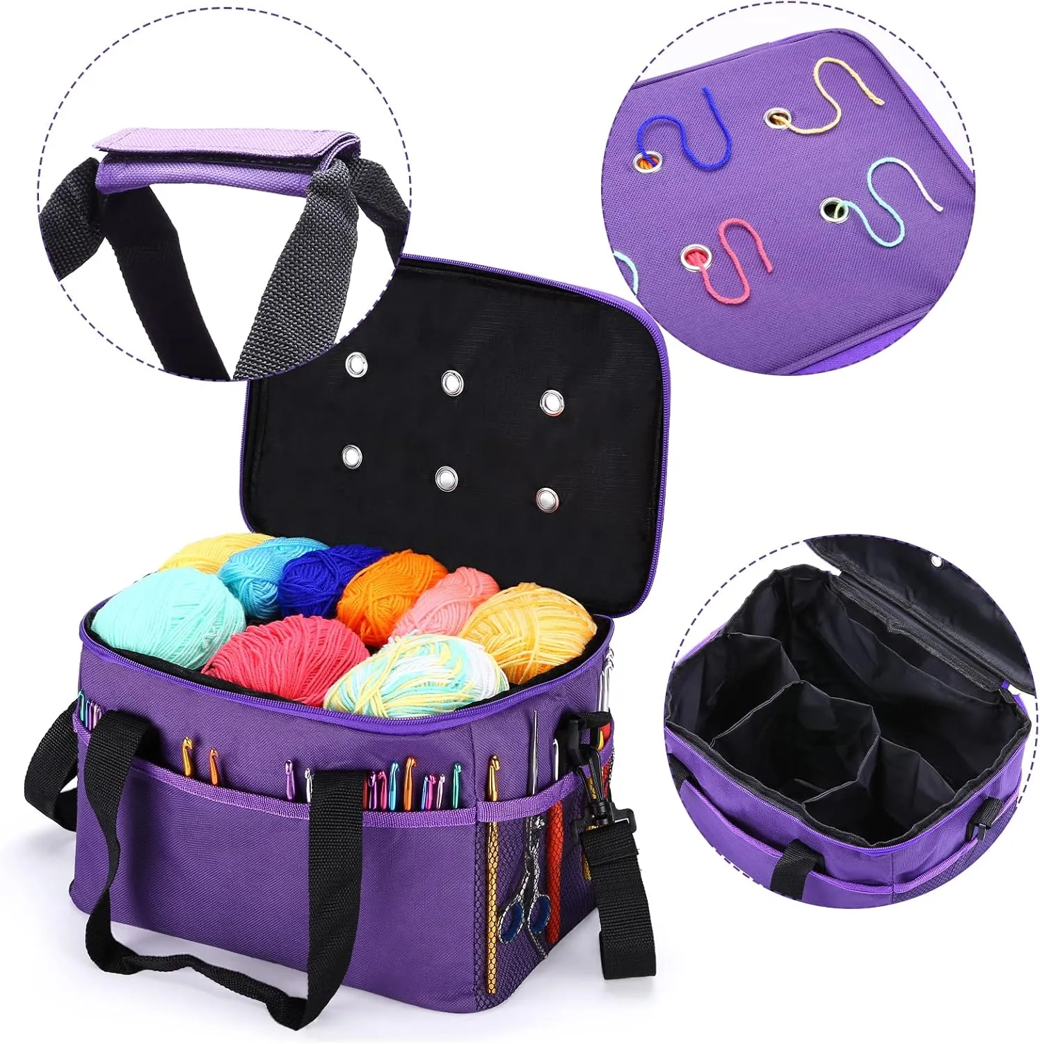 LEMESO Crochet Bag for Beginners, High Capacity Yarn Totes Organizer with Inner Divider Portable for Crochet Hooks, Knitting Needles, Project and Supplies, Purple