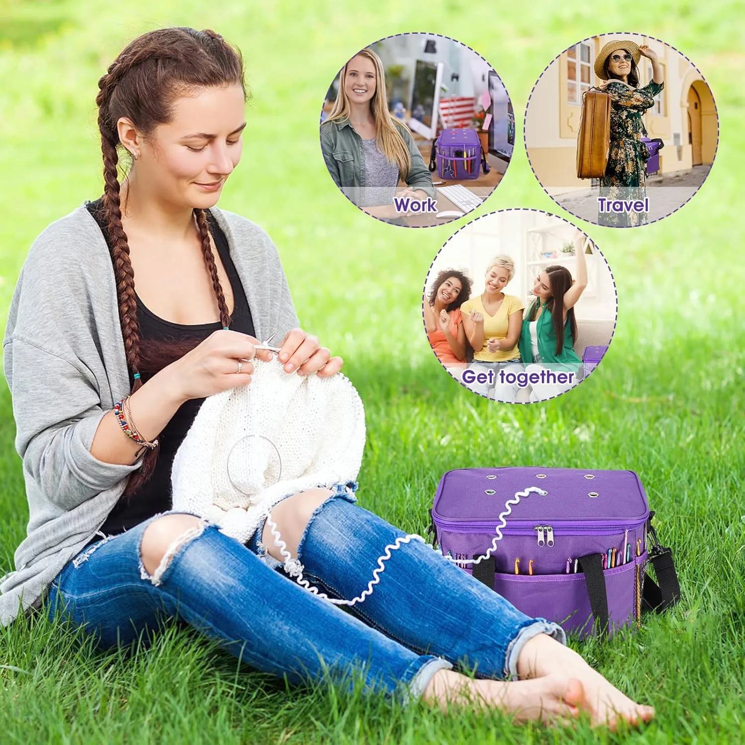 LEMESO Crochet Bag for Beginners, High Capacity Yarn Totes Organizer with Inner Divider Portable for Crochet Hooks, Knitting Needles, Project and Supplies, Purple