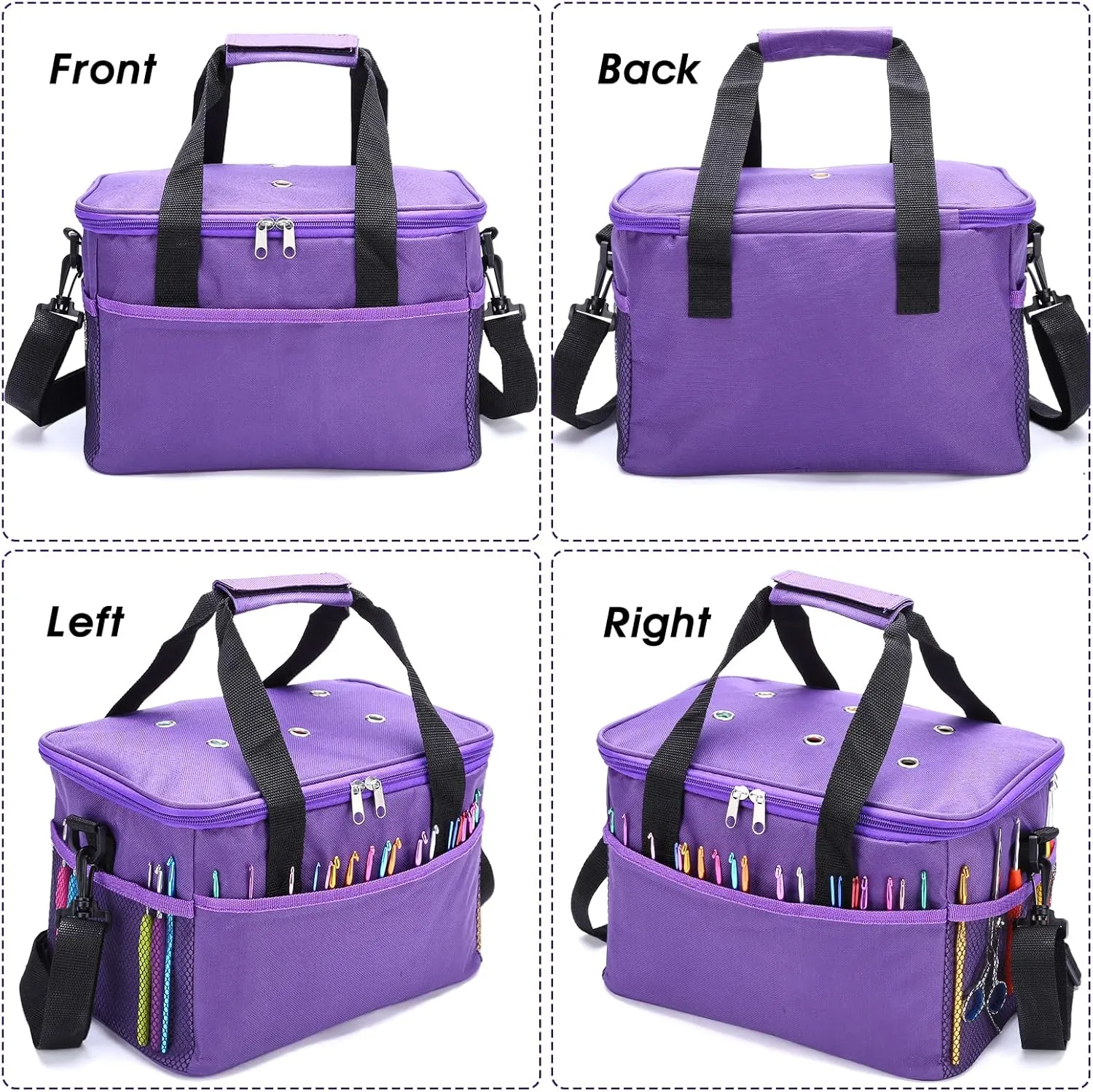 LEMESO Crochet Bag for Beginners, High Capacity Yarn Totes Organizer with Inner Divider Portable for Crochet Hooks, Knitting Needles, Project and Supplies, Purple