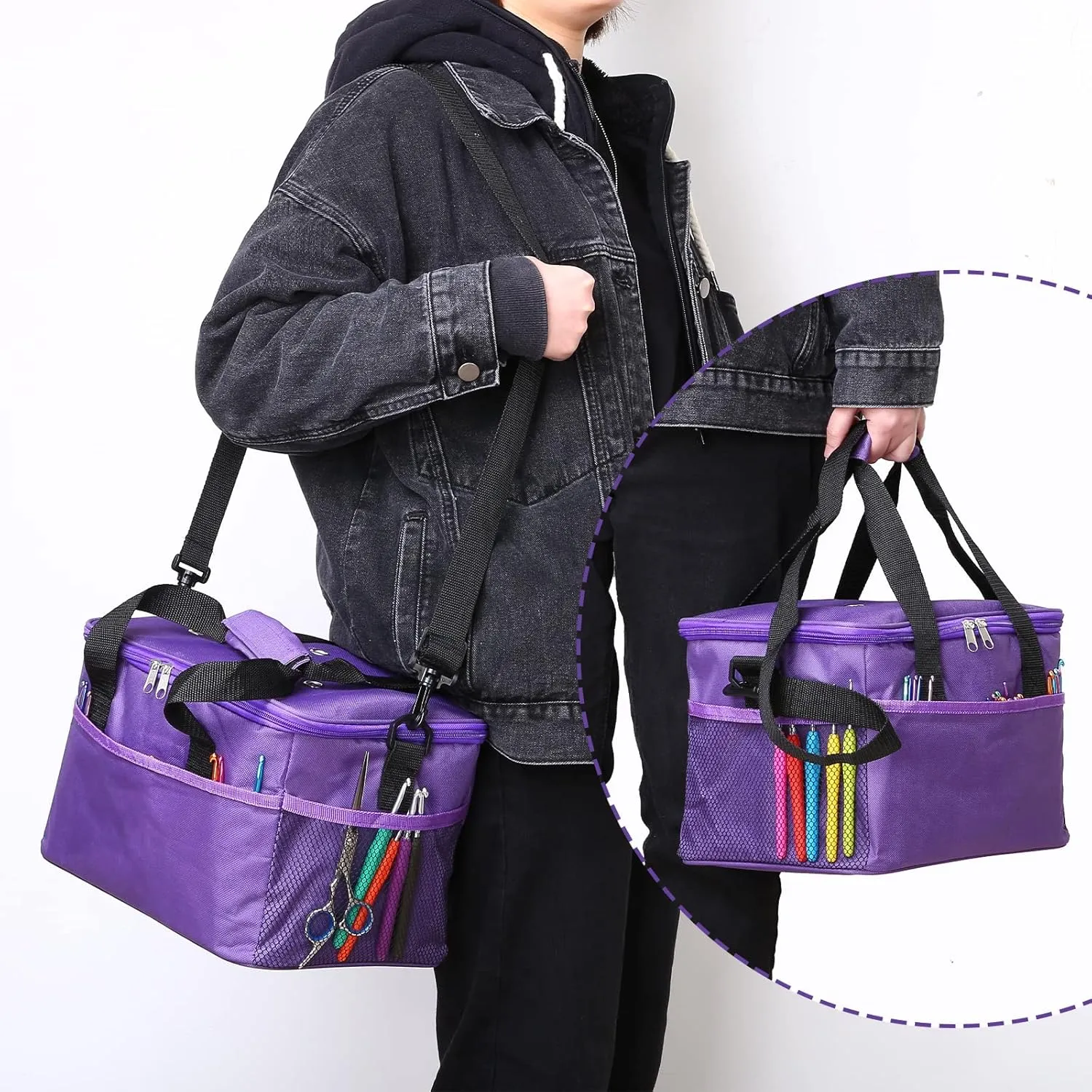 LEMESO Crochet Bag for Beginners, High Capacity Yarn Totes Organizer with Inner Divider Portable for Crochet Hooks, Knitting Needles, Project and Supplies, Purple