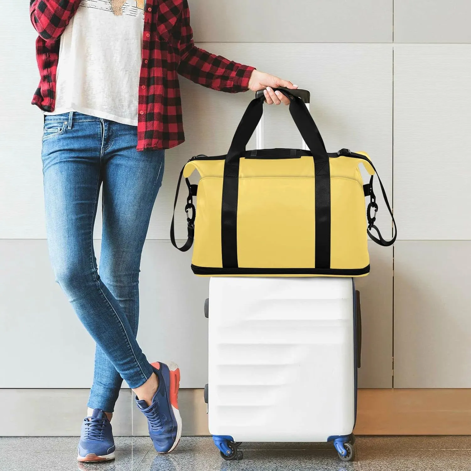 Lemon Yellow Gym Bag for Women Men Travel Duffel Bag with Shoe Compartment Carry On Weekender Overnight Bags for Travel Weekend Getaway