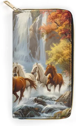 Life Mountain Stream Running Horse Wild Wristlet Wallets for Men Women Leather Purse Clutch Cute Card Holder
