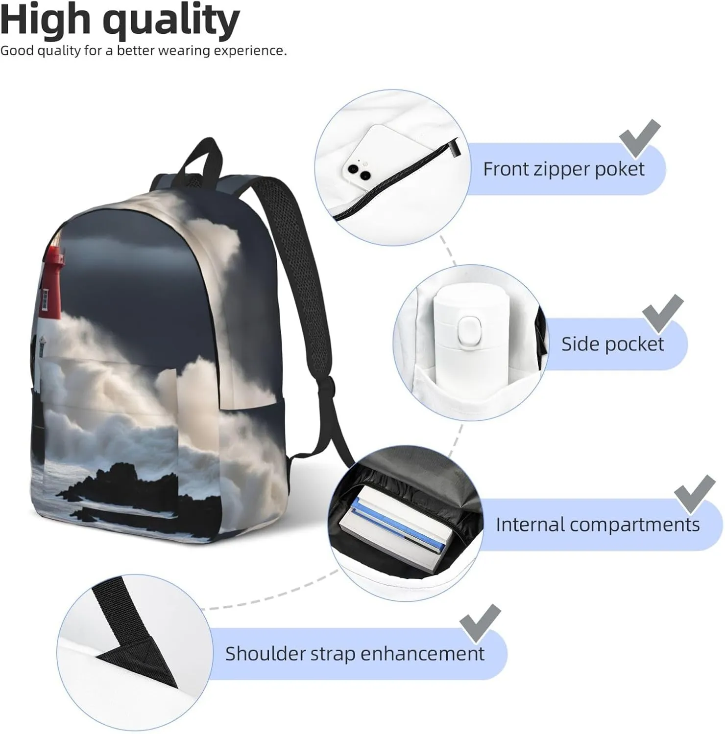 Lighthouse In Storm Classic Style Backpacks Travel Bag For Men Women Lightweight Back Pack With Laptop Compartmen