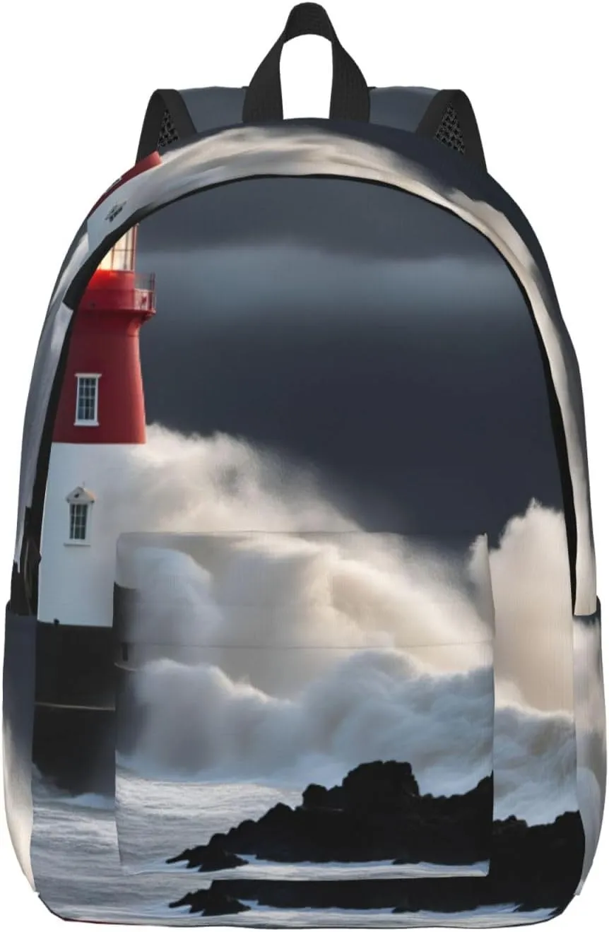 Lighthouse In Storm Classic Style Backpacks Travel Bag For Men Women Lightweight Back Pack With Laptop Compartmen
