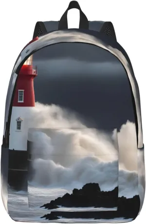 Lighthouse In Storm Classic Style Backpacks Travel Bag For Men Women Lightweight Back Pack With Laptop Compartmen