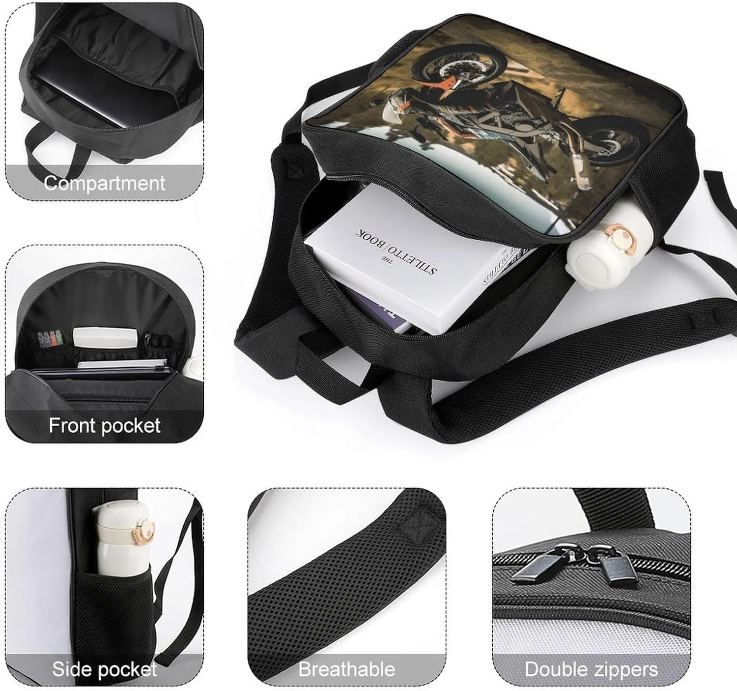 Lightweight Backpacks Cute Travel Bag Durable Sport Motorcycle Printing Small Travel Backpack For Women & Men
