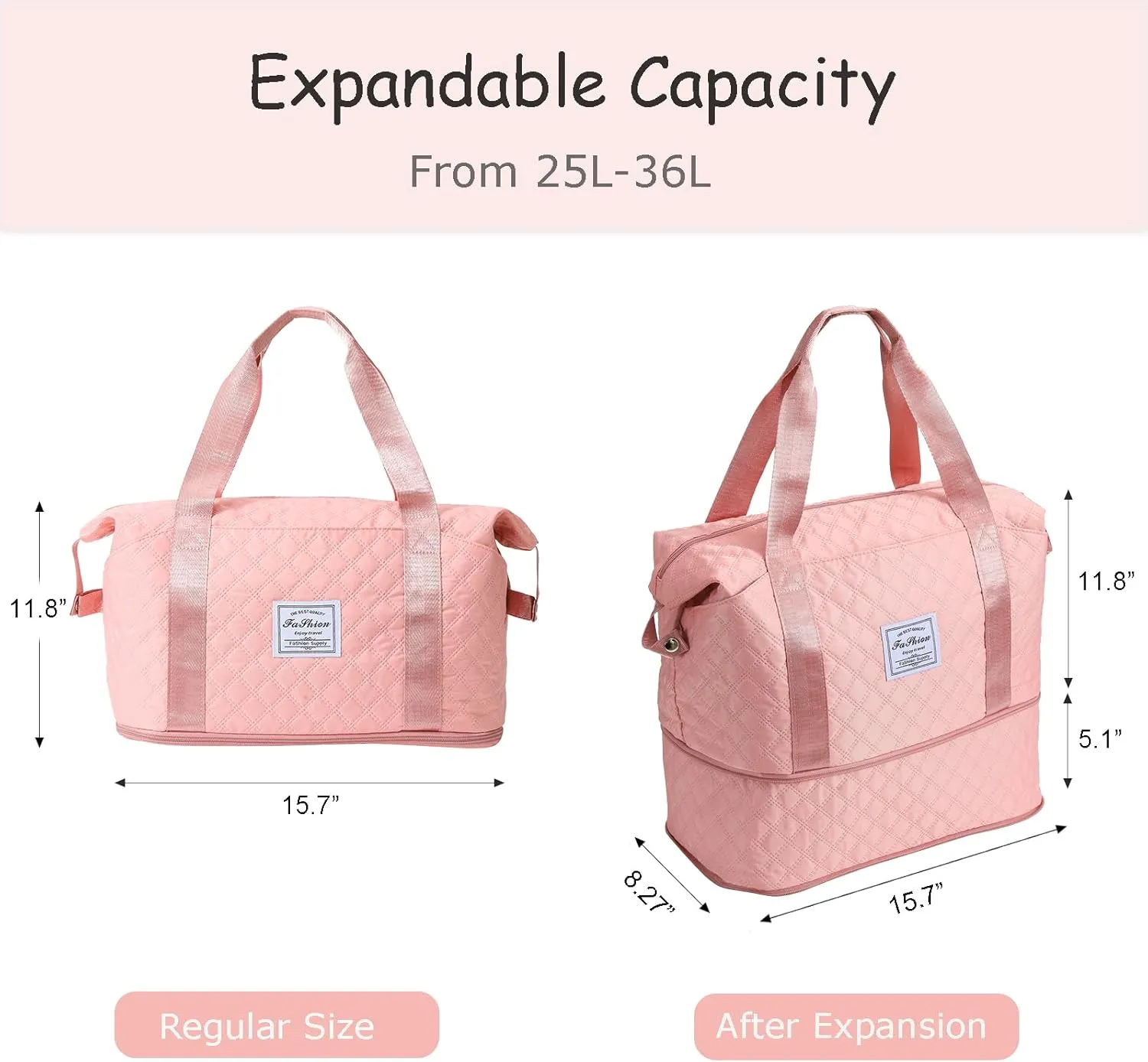 Lightweight Expandable Waterproof Travel Tote Bag for Women - Diamond Quilted Weekender Duffle Bag Carry On, Airplane Approved Overnight Bag, Durable Family Vacation Essentials (Pink)