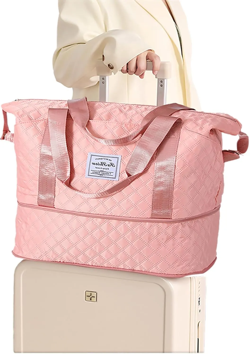 Lightweight Expandable Waterproof Travel Tote Bag for Women - Diamond Quilted Weekender Duffle Bag Carry On, Airplane Approved Overnight Bag, Durable Family Vacation Essentials (Pink)