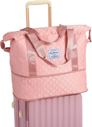Lightweight Expandable Waterproof Travel Tote Bag for Women - Diamond Quilted Weekender Duffle Bag Carry On, Airplane Approved Overnight Bag, Durable Family Vacation Essentials (Pink)