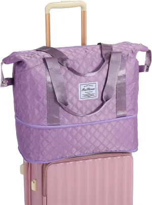 Lightweight Expandable Waterproof Travel Tote Bag for Women - Diamond Quilted Weekender Duffle Bag Carry On, Airplane Approved Overnight Bag, Durable Family Vacation Essentials (Purple)
