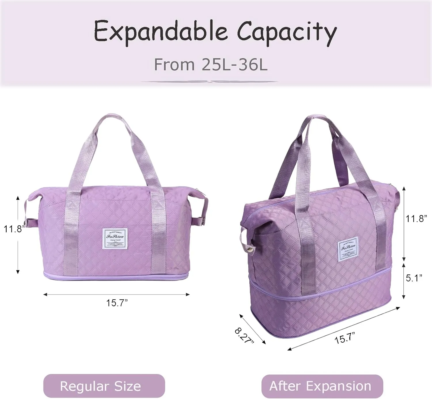 Lightweight Expandable Waterproof Travel Tote Bag for Women - Diamond Quilted Weekender Duffle Bag Carry On, Airplane Approved Overnight Bag, Durable Family Vacation Essentials (Purple)