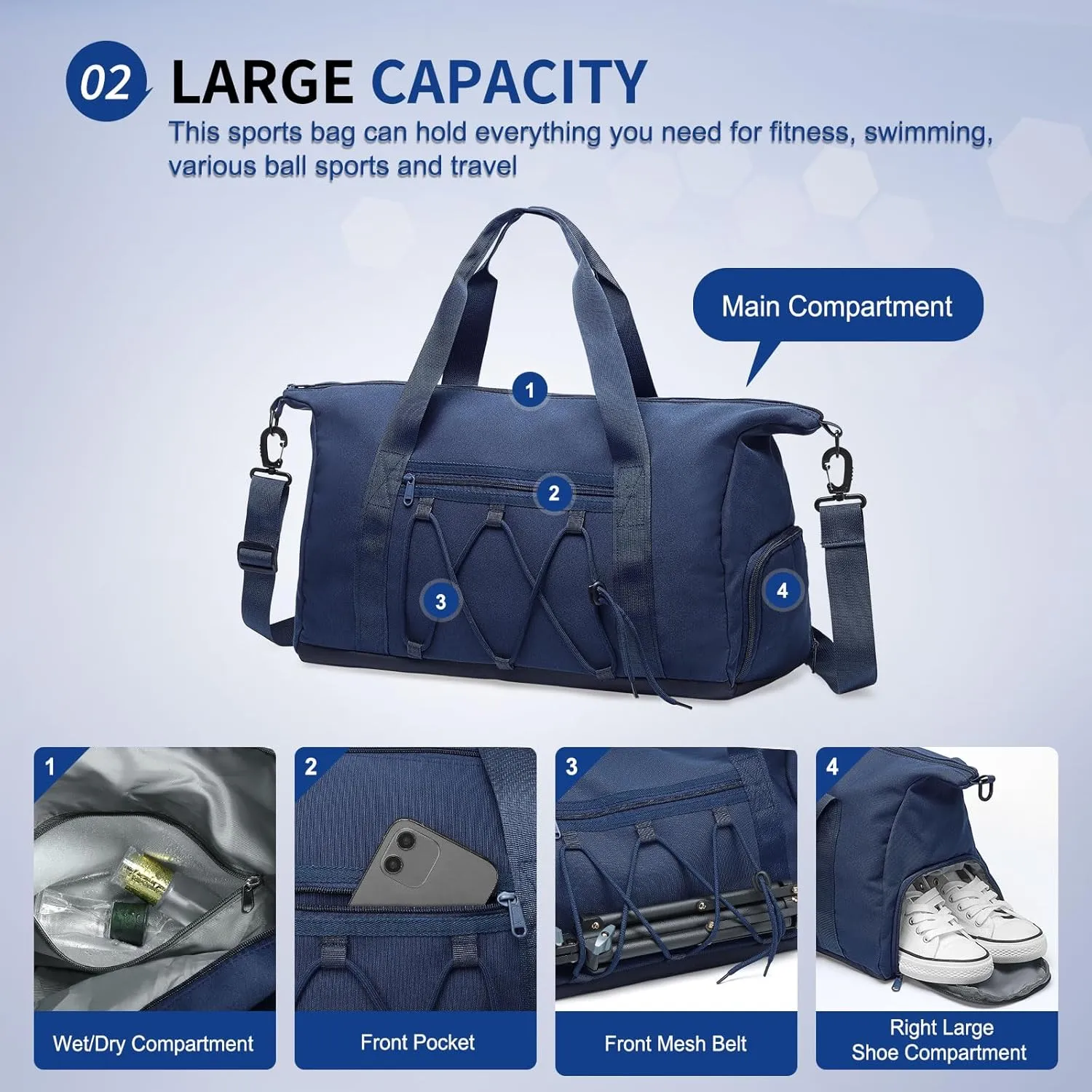 Lightweight Gym Bag for Men & Women, Water Resistant Sports Duffel Bag with Shoe Compartment & Wet Pocket for Travel Weekender & Fitness, Blue