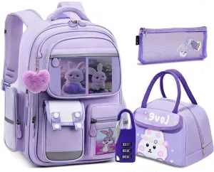 Lightweight School Backpack Purple Bookbag Elementary Middle School Kindergarten Waterproof Mochila Para Niñas Set With Lunch Box And Pencil Pouch Anti-Theft Combination Lock Backpack Kids