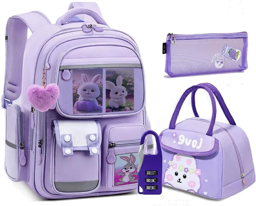 Lightweight School Backpack Purple Bookbag Elementary Middle School Kindergarten Waterproof Mochila Para Niñas Set With Lunch Box And Pencil Pouch Anti-Theft Combination Lock Backpack Kids