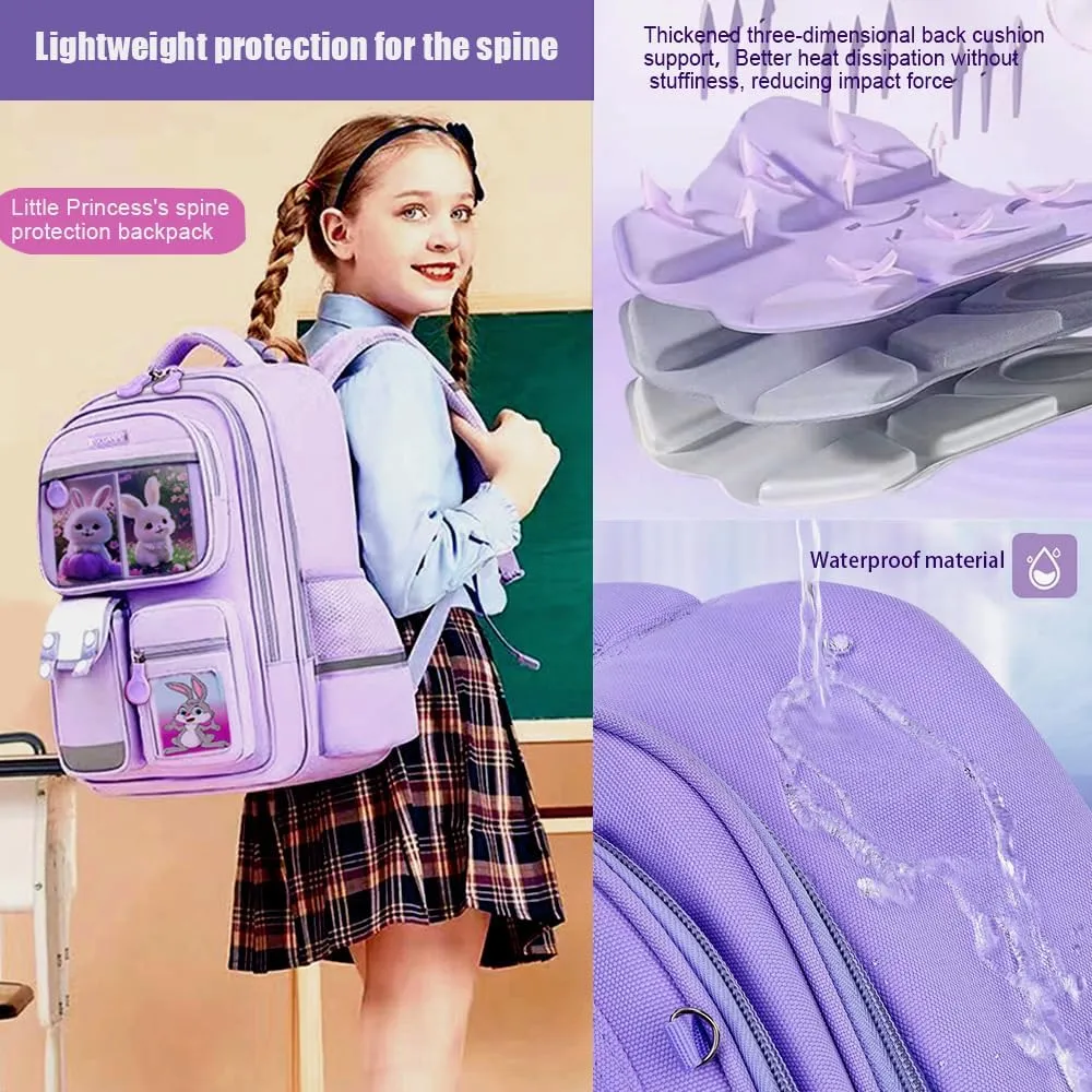 Lightweight School Backpack Purple Bookbag Elementary Middle School Kindergarten Waterproof Mochila Para Niñas Set With Lunch Box And Pencil Pouch Anti-Theft Combination Lock Backpack Kids