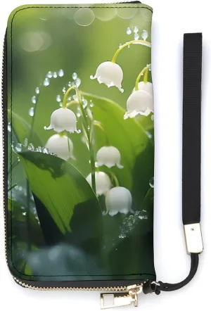 Lily of The Valley Flowers Green Leaves Slim Wallet for Women Long Purse Cute Clutch Wristlet Handbag Card Holders