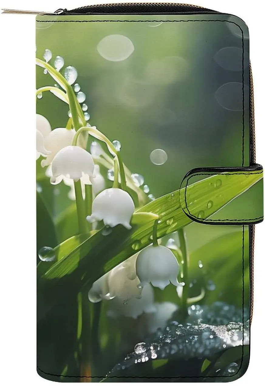 Lily of The Valley Flowers Green Leaves Womens Long Wallets Leather Large Capacity Wristlet Clutch Purse Credit Card Holder