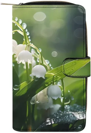 Lily of The Valley Flowers Green Leaves Womens Long Wallets Leather Large Capacity Wristlet Clutch Purse Credit Card Holder