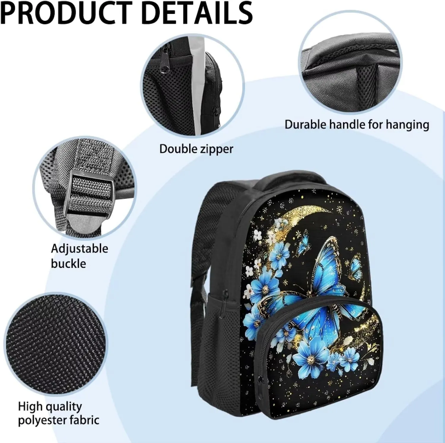 Little Kids School Backpack, Boys Girls Mini Size Lightweight Toddler Preschool Book Bag Daycare Backpack Elementary Toddler Bag for 3 to 6 Ages Child, 12 inch, Blue Butterfly Moon