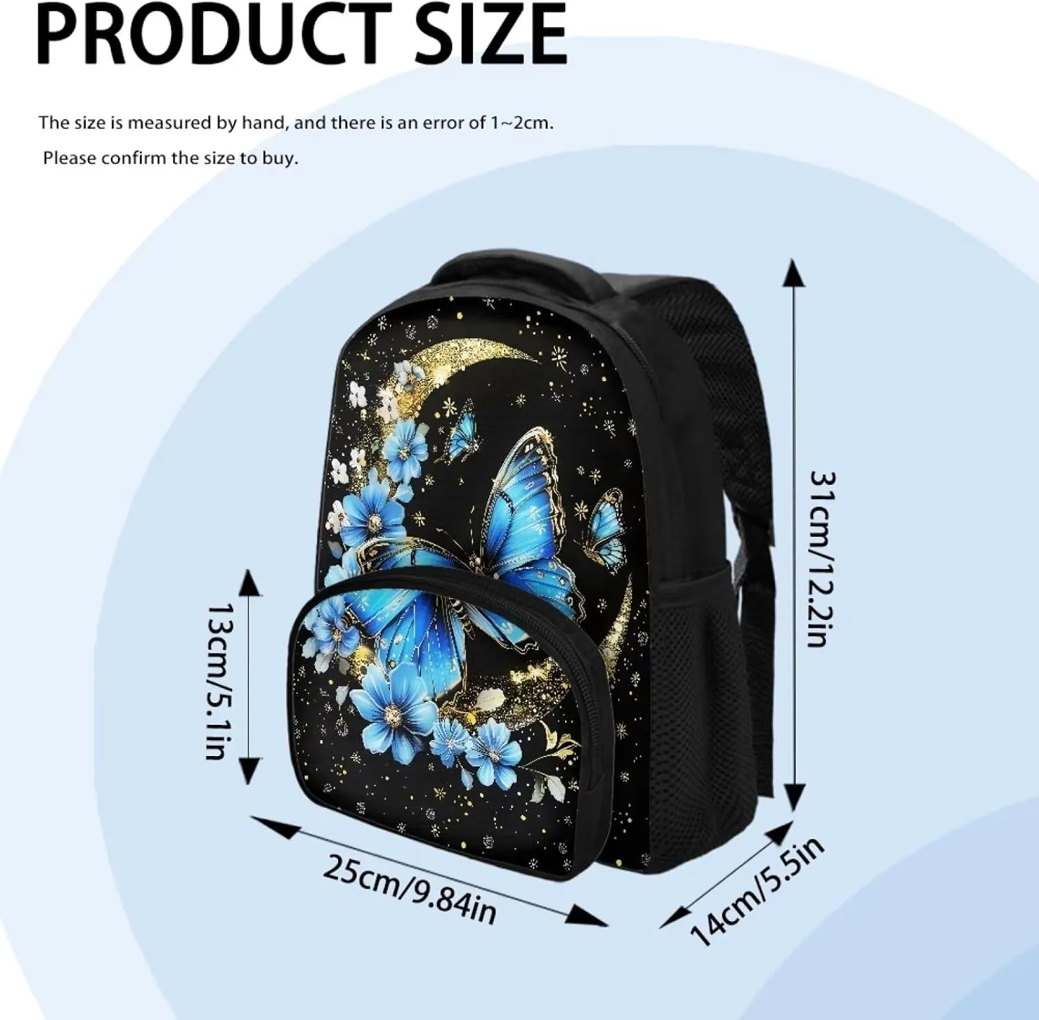 Little Kids School Backpack, Boys Girls Mini Size Lightweight Toddler Preschool Book Bag Daycare Backpack Elementary Toddler Bag for 3 to 6 Ages Child, 12 inch, Blue Butterfly Moon