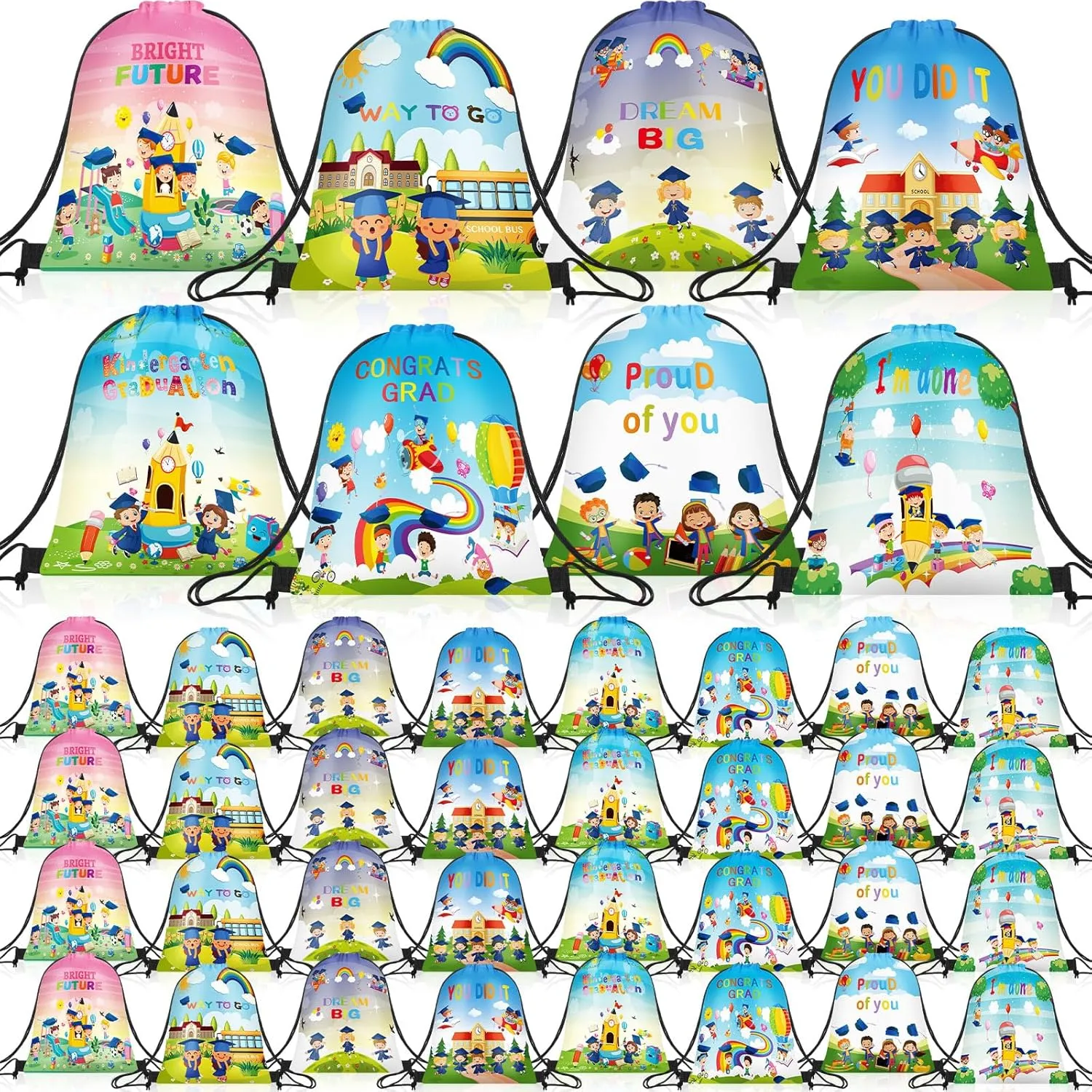 Locmeo 48 Pcs Graduation Drawstring Bags Congrats Grad Gift Bags Backpack Graduation Party Favors Backpacks for Girls Boys Congratulations Decorations, 8 Designs