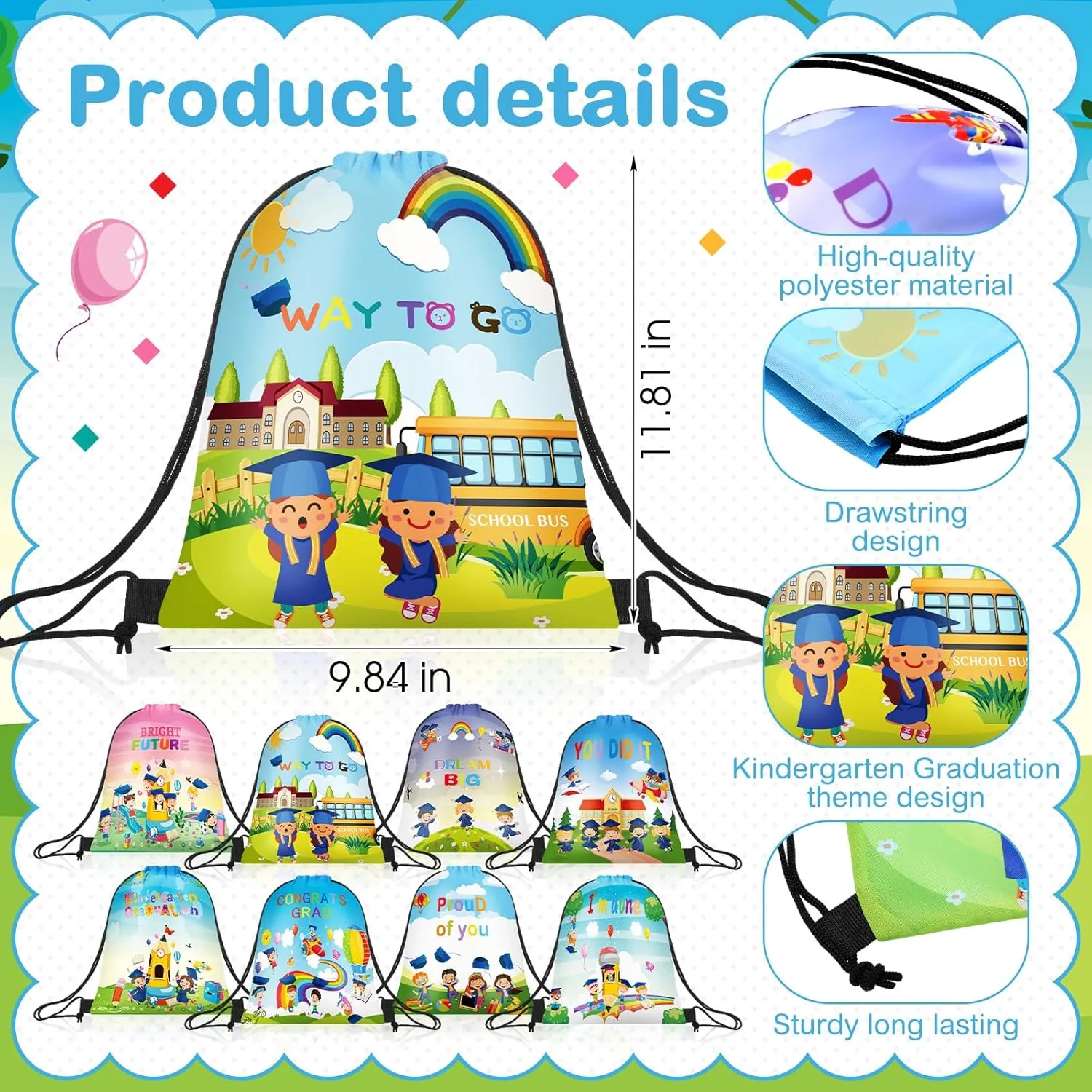 Locmeo 48 Pcs Graduation Drawstring Bags Congrats Grad Gift Bags Backpack Graduation Party Favors Backpacks for Girls Boys Congratulations Decorations, 8 Designs