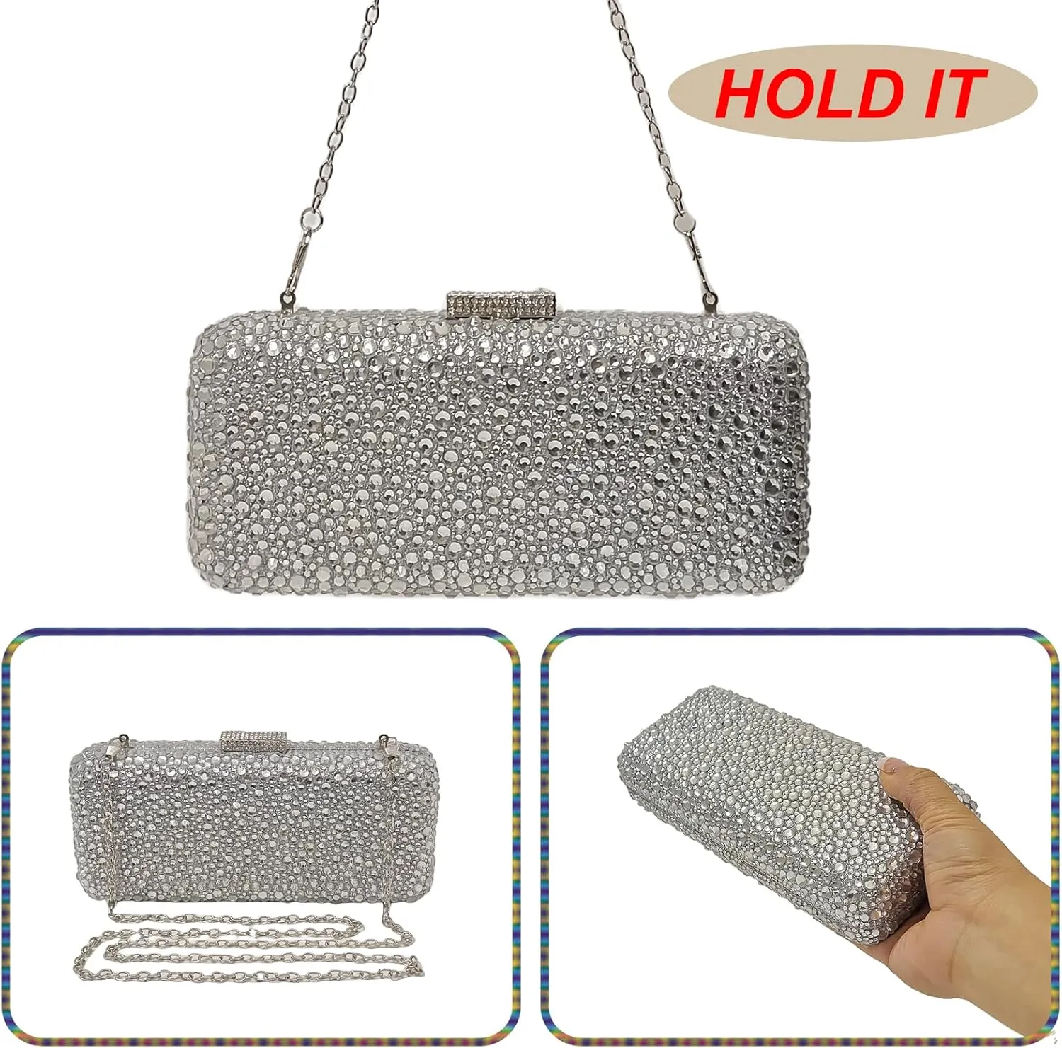 Long Rhinestone Box Evening Bag Women Formal Gathering Party Crystal Clutch Bridal Purse