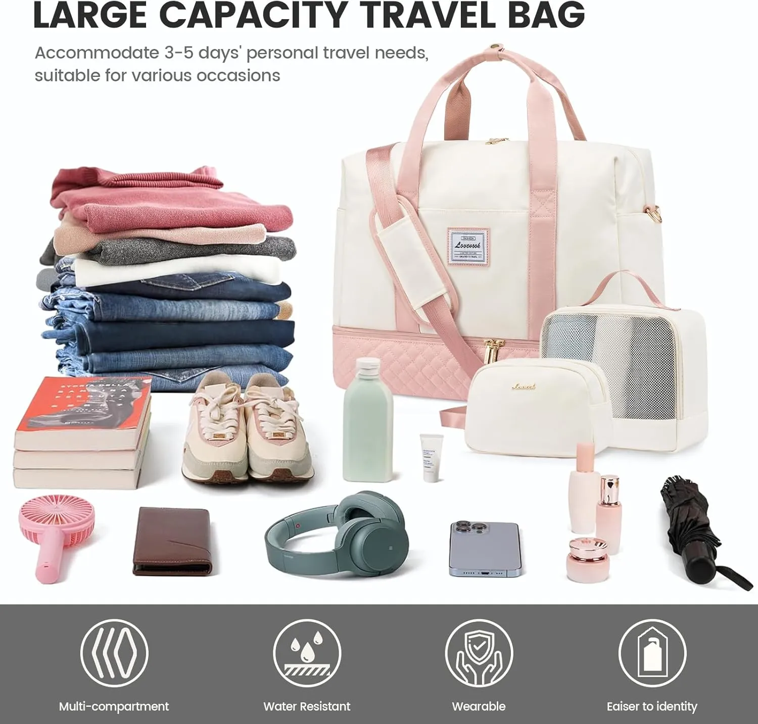 LOVEVOOK Travel Duffel Bag, 21inch Weekender Bags for Women with Shoe Compartment，45L Carry on Overnight Bag with Toiletry Bag, Gym Duffel Bag with Wet Pocket, Hospital Bags for Labor and Deliver