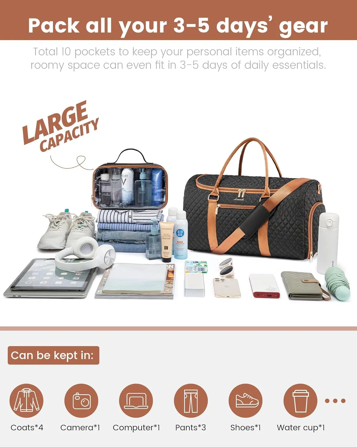 LOVEVOOK Travel Duffle Bag, 40L Weekender Overnight Bag with Toiletry Bag, Quilted Carry On Bag with Shoe Compartment, Gym Duffel Bag with Wet Pocket for Women, Hospital Bags for Labor and Delivery