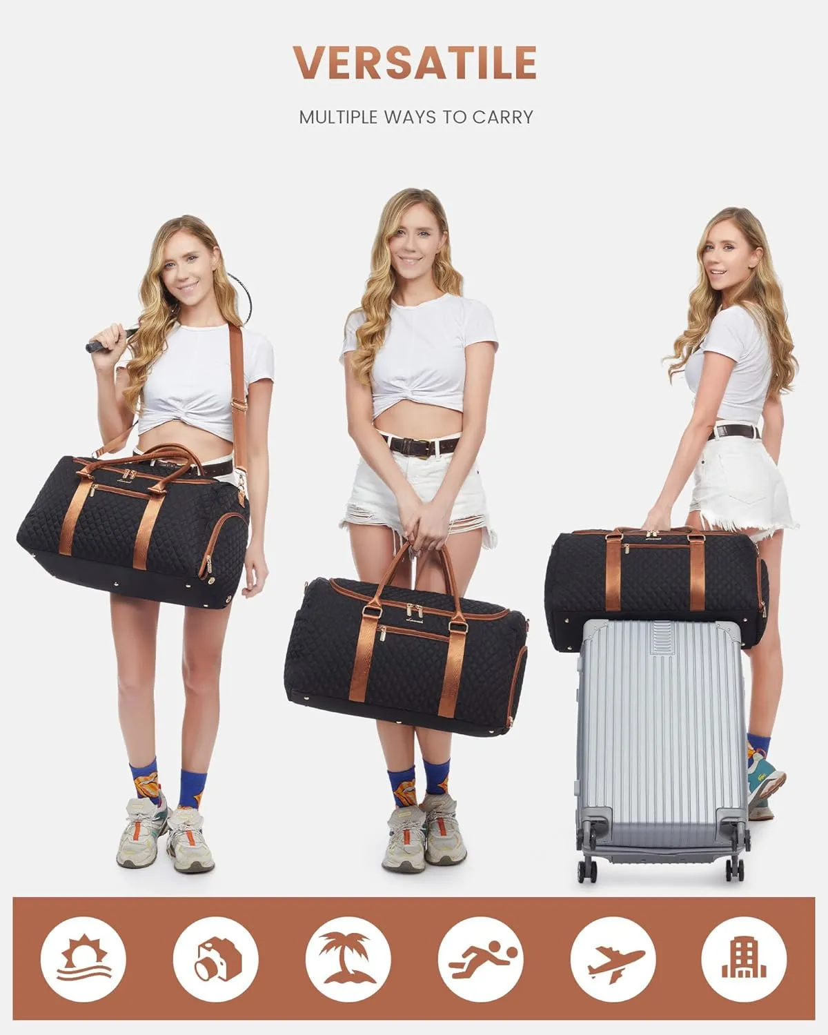 LOVEVOOK Travel Duffle Bag, 40L Weekender Overnight Bag with Toiletry Bag, Quilted Carry On Bag with Shoe Compartment, Gym Duffel Bag with Wet Pocket for Women, Hospital Bags for Labor and Delivery