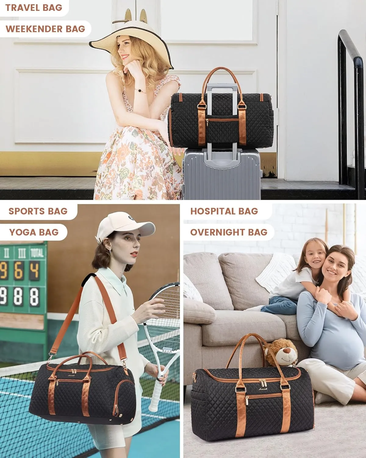 LOVEVOOK Travel Duffle Bag, 40L Weekender Overnight Bag with Toiletry Bag, Quilted Carry On Bag with Shoe Compartment, Gym Duffel Bag with Wet Pocket for Women, Hospital Bags for Labor and Delivery