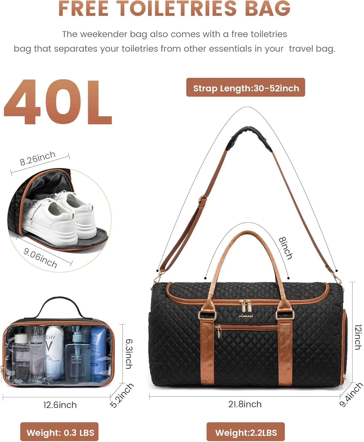 LOVEVOOK Travel Duffle Bag, 40L Weekender Overnight Bag with Toiletry Bag, Quilted Carry On Bag with Shoe Compartment, Gym Duffel Bag with Wet Pocket for Women, Hospital Bags for Labor and Delivery