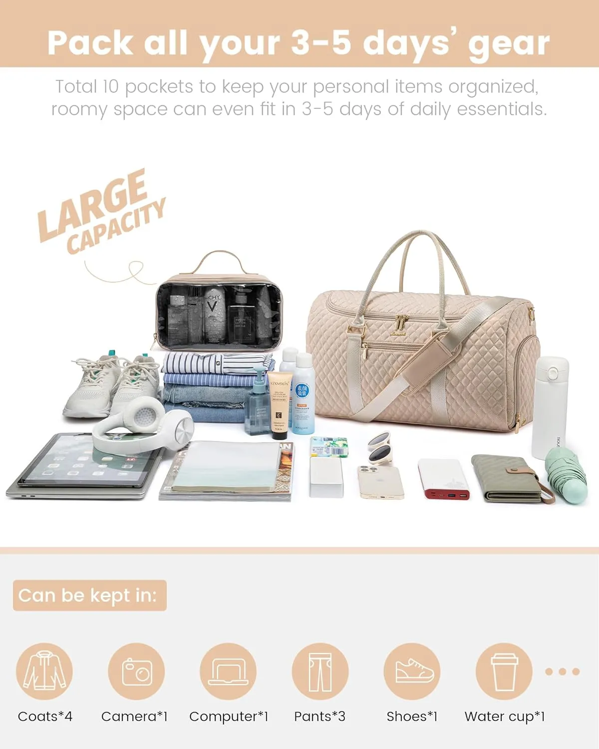 LOVEVOOK Travel Duffle Bag, 40L Weekender Overnight Bag with Toiletry, Quilted Carry On Bags with Shoe Compartment, Gym Duffel with Wet Pocket for Women, Hospital Bags for Labor and Delivery