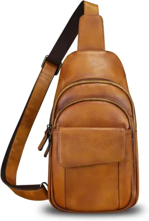 LRTO Genuine Leather Sling Bag Crossbody Motorcycle Bag Handmade Chest Bag Hiking Daypack Retro Shoulder Backpacks