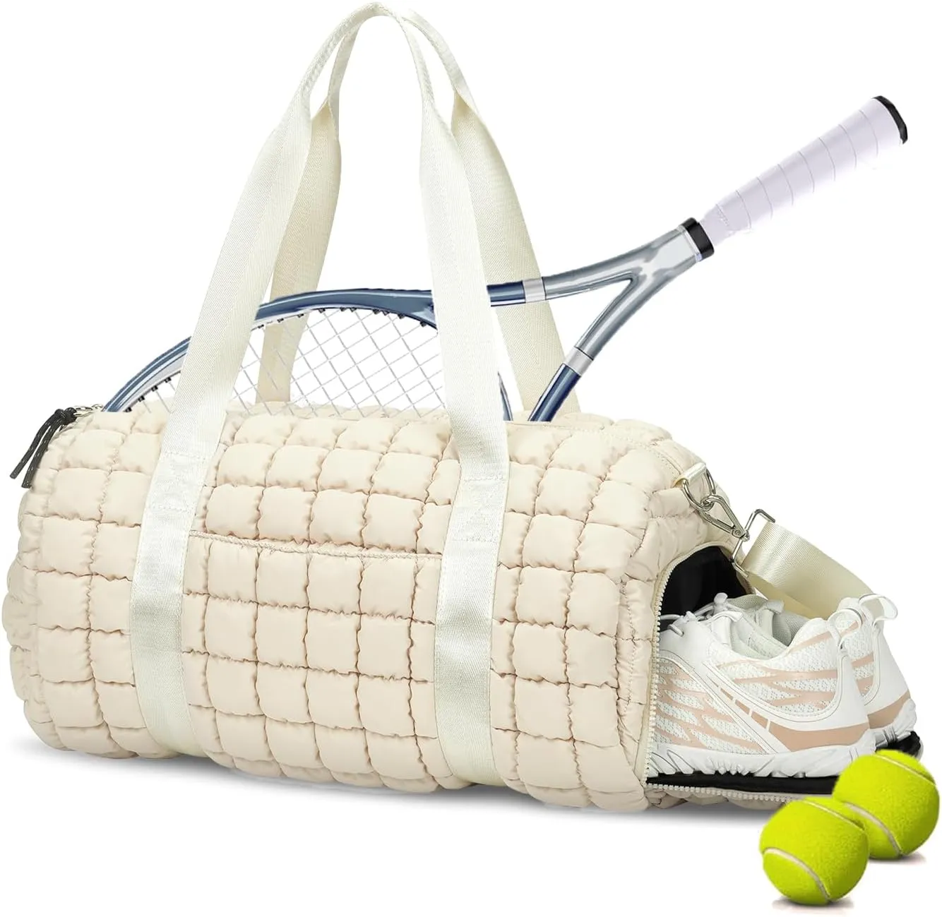 Lushandy Quilted Duffel Bag for Women, Puffer Gym Duffle Bag with Shoe Compartment Puffy Duffle Bag for Travel Overnight Carry On Bag Workout Weekend Bag, Ivory