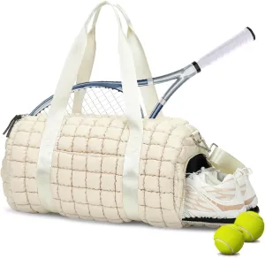Lushandy Quilted Duffel Bag for Women, Puffer Gym Duffle Bag with Shoe Compartment Puffy Duffle Bag for Travel Overnight Carry On Bag Workout Weekend Bag, Ivory