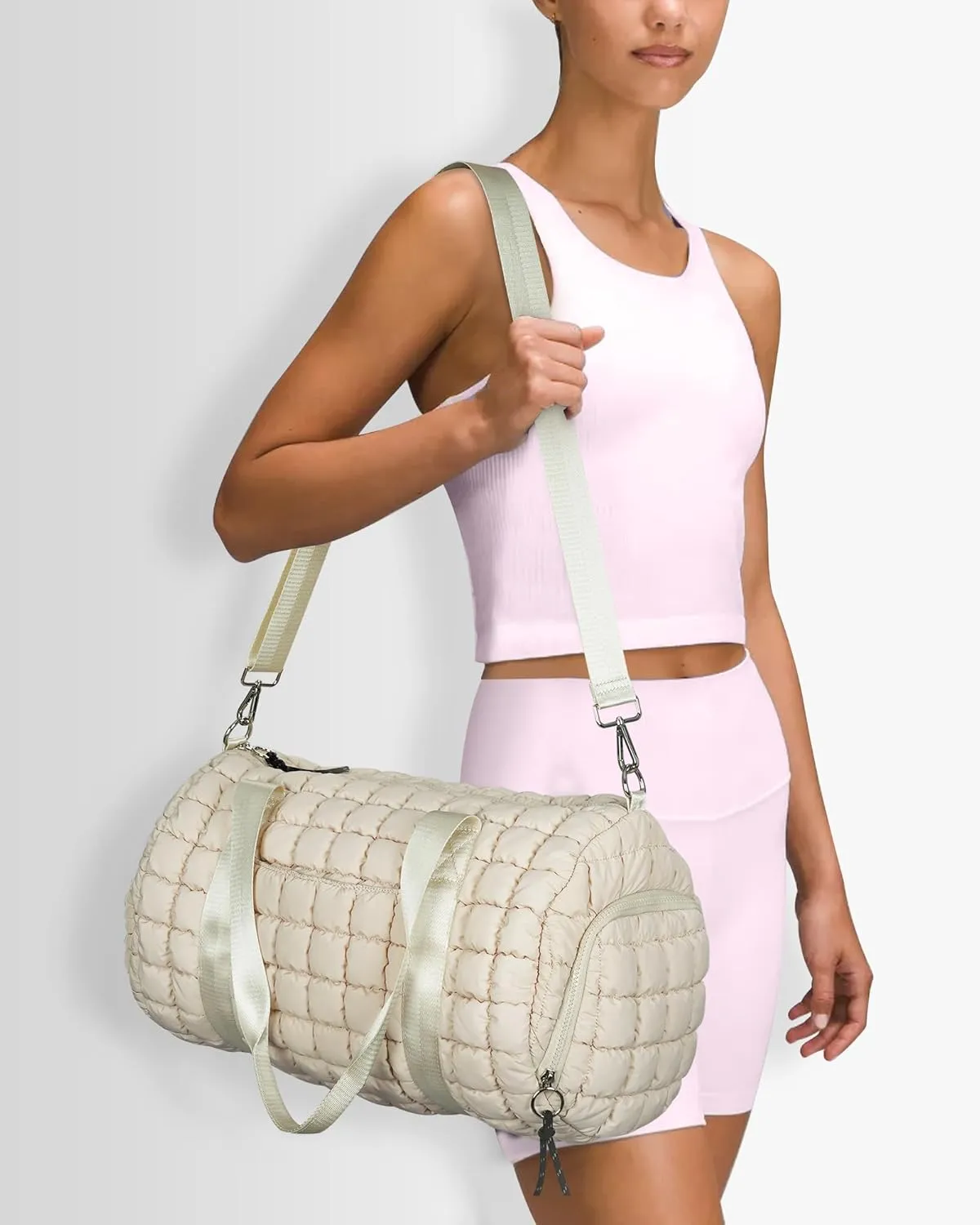 Lushandy Quilted Duffel Bag for Women, Puffer Gym Duffle Bag with Shoe Compartment Puffy Duffle Bag for Travel Overnight Carry On Bag Workout Weekend Bag, Ivory