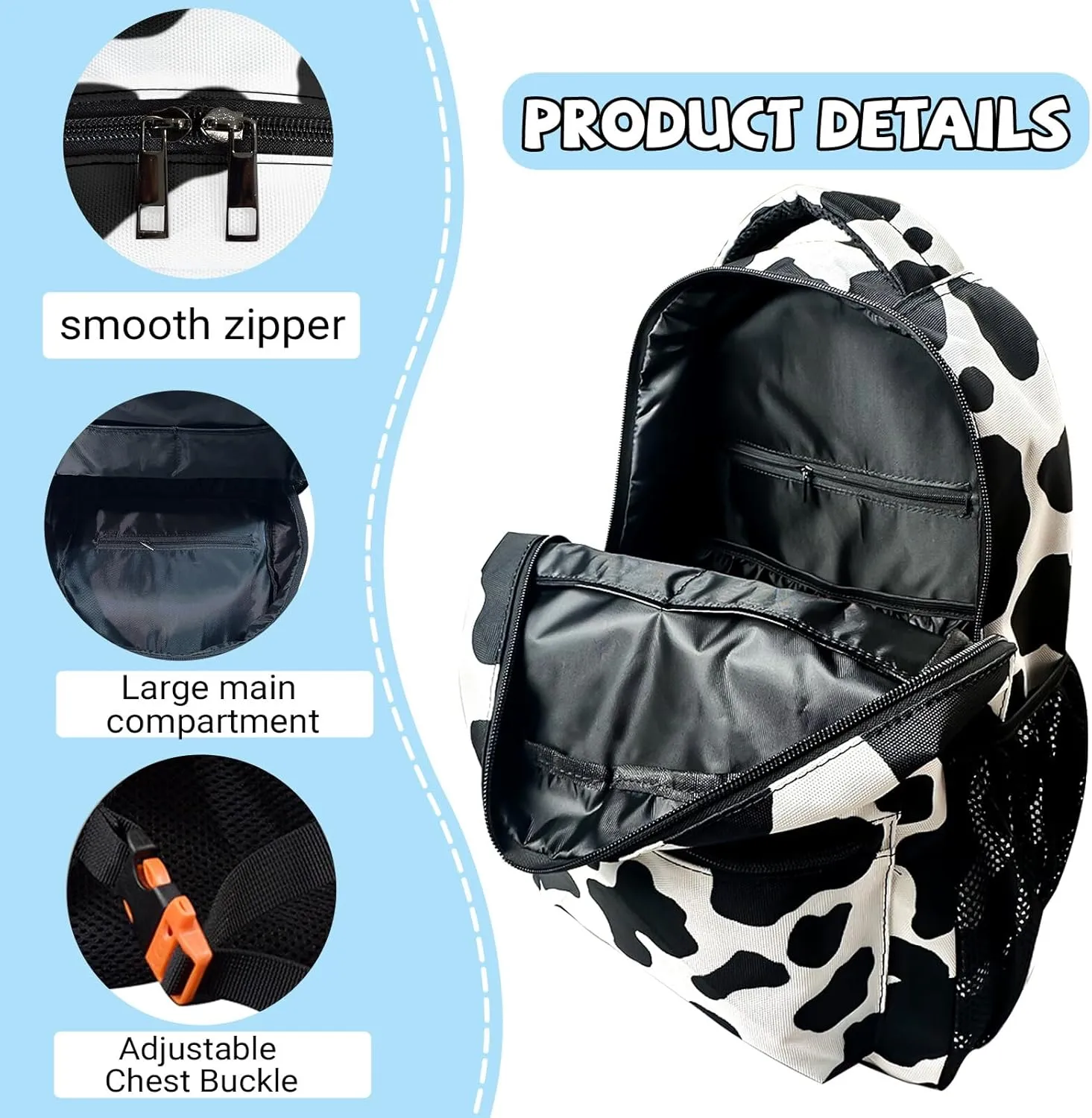 M YESCUSTOM Cow Print Backpack School Bag for Students Boys Girls, Water Resistant Daypack Weekender Bags Laptop Backpacks for College Travel Work Business Gift Black White