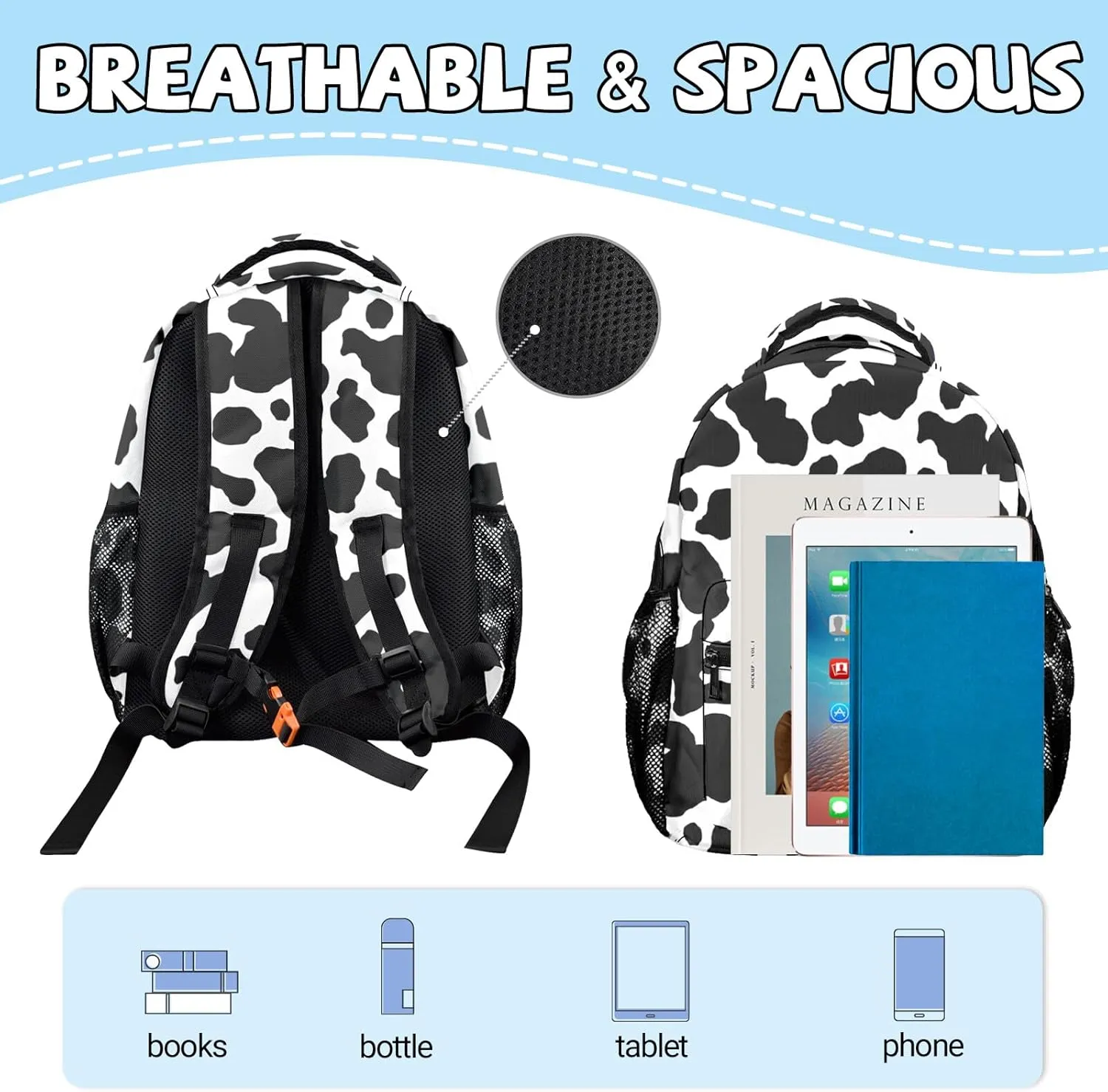 M YESCUSTOM Cow Print Backpack School Bag for Students Boys Girls, Water Resistant Daypack Weekender Bags Laptop Backpacks for College Travel Work Business Gift Black White