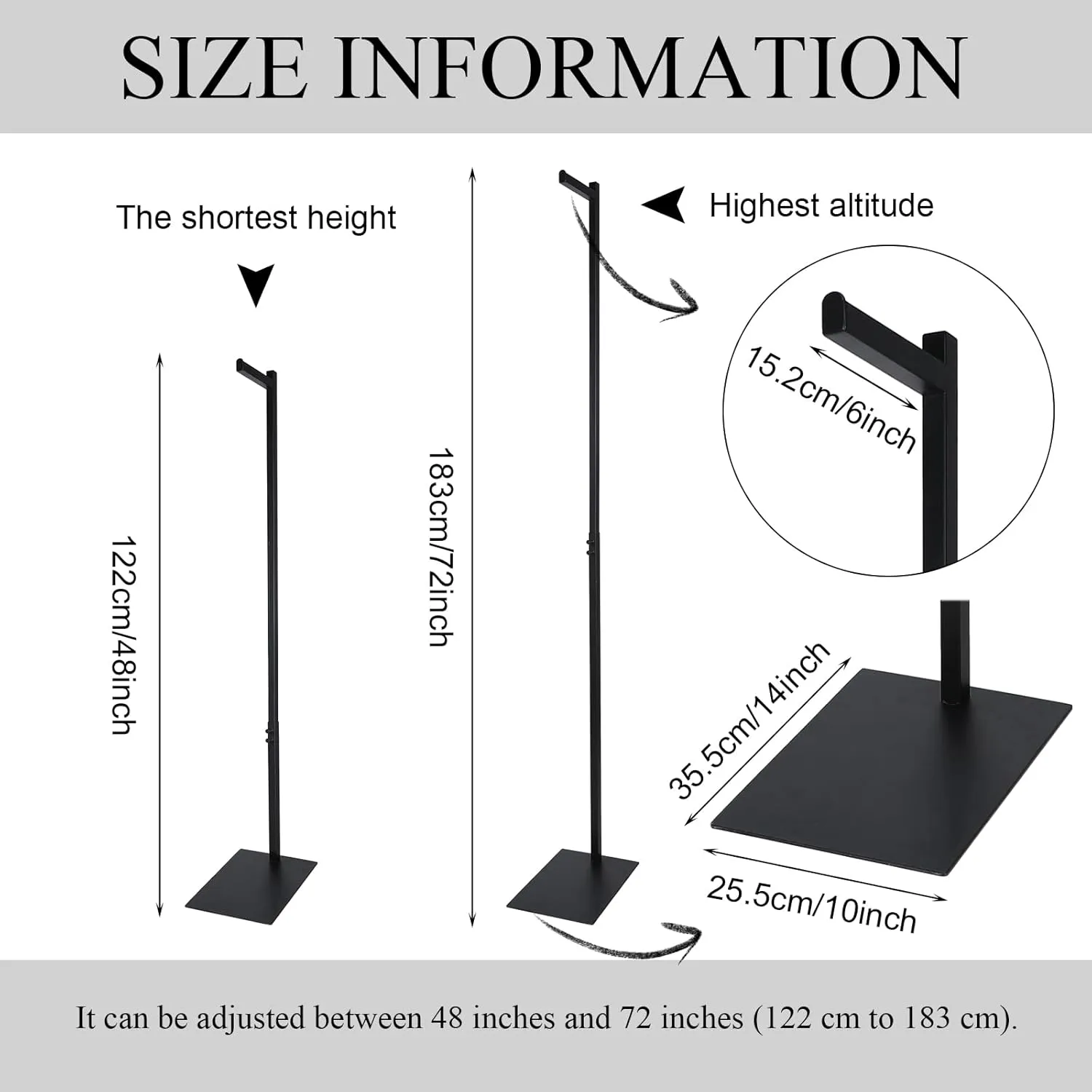 Marsui Adjustable Clothing Display Rack Adjustable from 48" to 72" Single Clothing Display Stand Metal Black Rack Retail Use Single Costumer Shirt Stand for Thrift Shop Retail Store(1 Pcs)