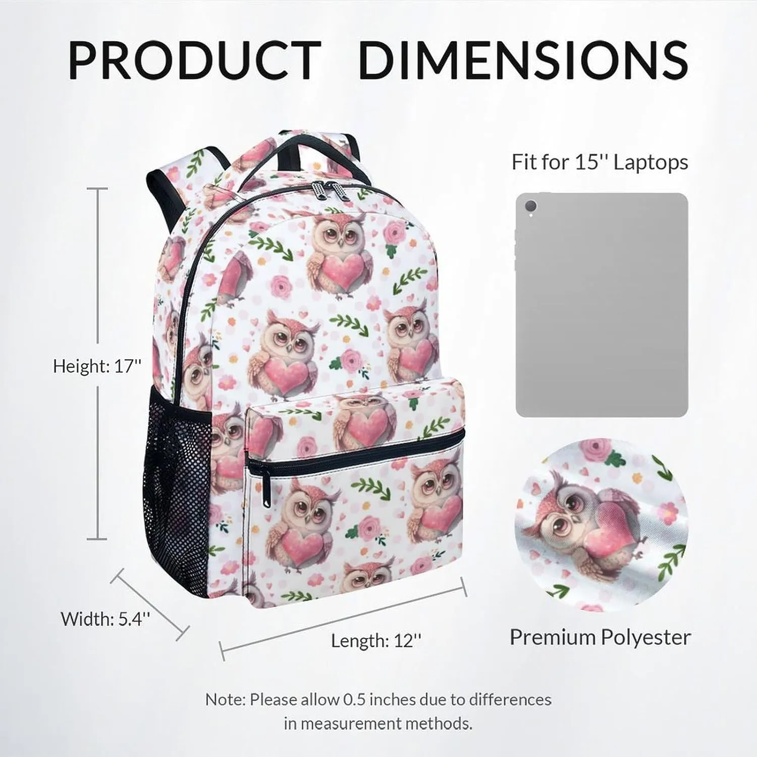 Mercuryelf Kid Backpack for Girls - 17 Inch White Lightweight Durable Kid Backpack - Large Capacity Owl Bookbag for School, Travel and Camp
