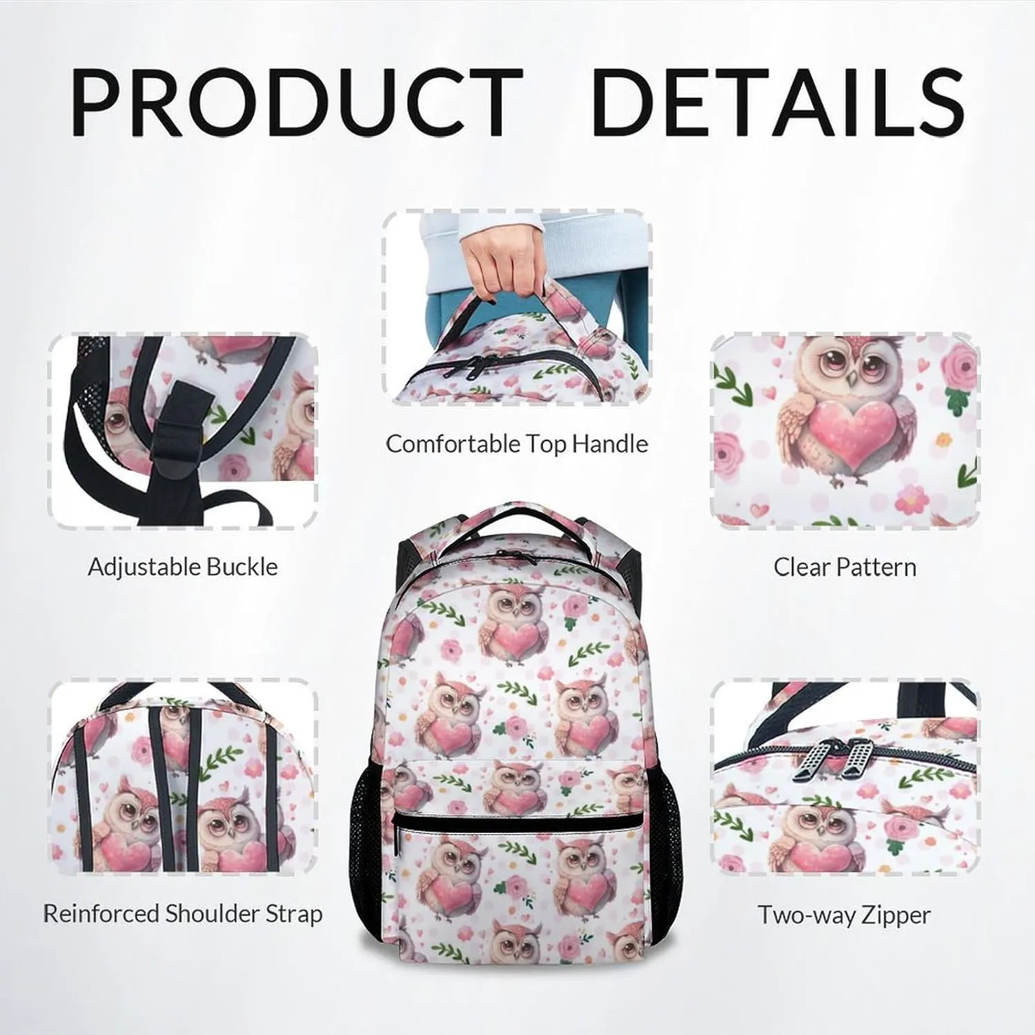 Mercuryelf Kid Backpack for Girls - 17 Inch White Lightweight Durable Kid Backpack - Large Capacity Owl Bookbag for School, Travel and Camp