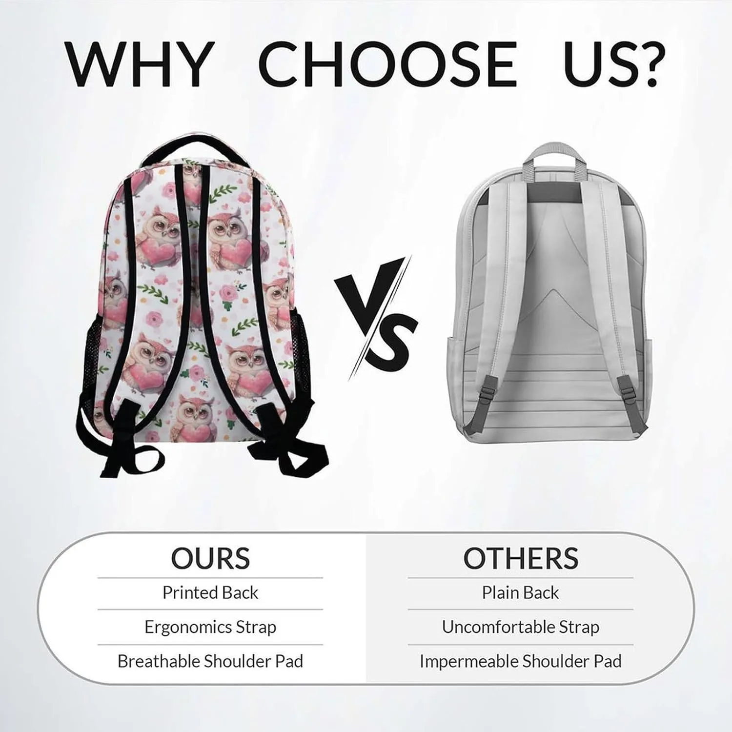 Mercuryelf Kid Backpack for Girls - 17 Inch White Lightweight Durable Kid Backpack - Large Capacity Owl Bookbag for School, Travel and Camp